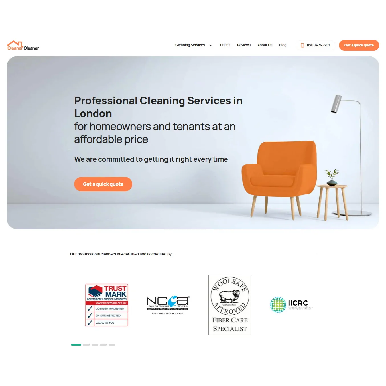 Главна страница на Cleaner cleaner, сайт на фирма за почистване